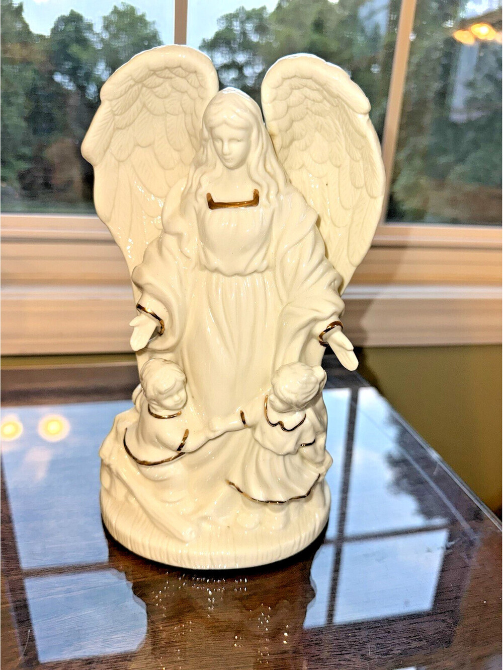 Vintage White Guardian Angel W/ Children figurine, Ceramic, gold trim, religious
